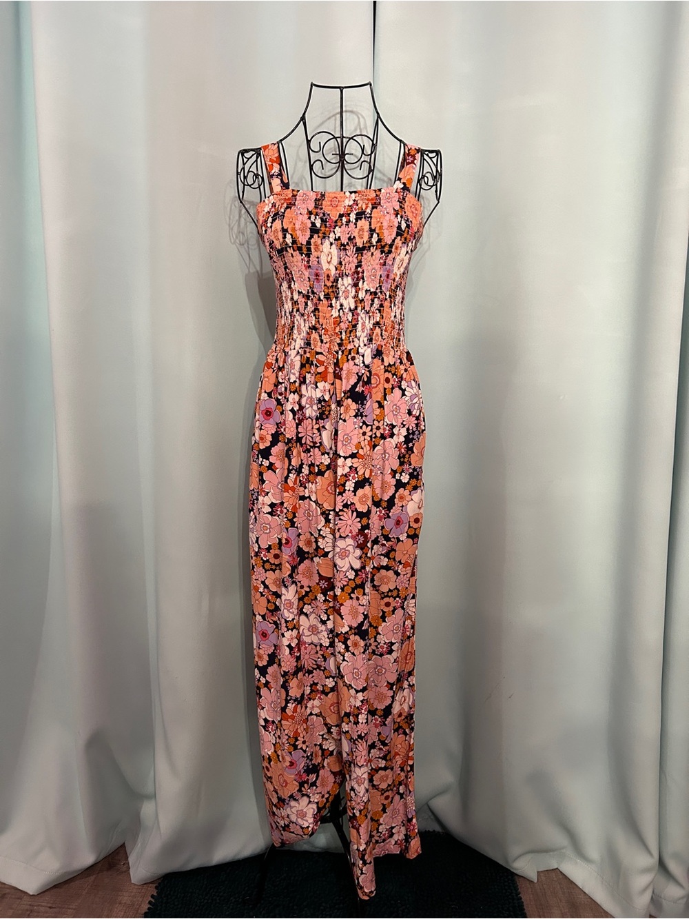Smocked Floral Maxi Jumpsuit in Pink & Orange
